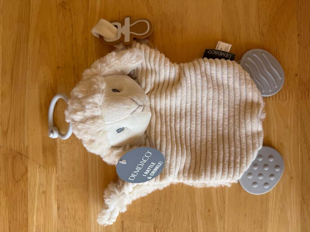 DEMDACO Lamb Teether Buddy Plush Rattle and Crinkle Toy